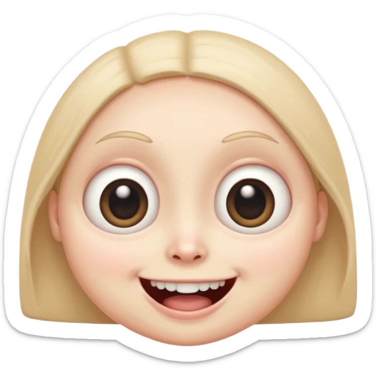 a creepy face with huge eyes and a big grin, kawaii, cute, soft, huge eyes, round mouth, mama sticker