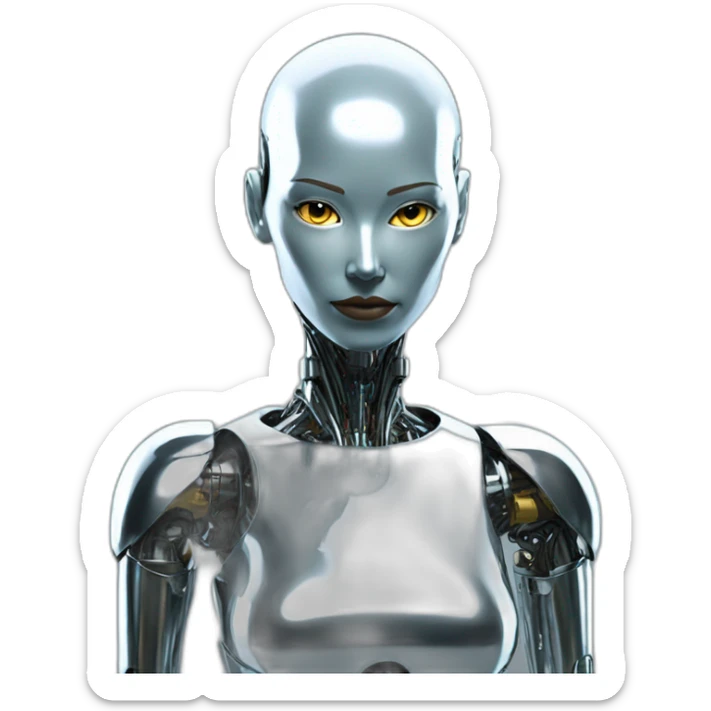 Create a bald female robot in chrome metal color in a futuristic environment sticker