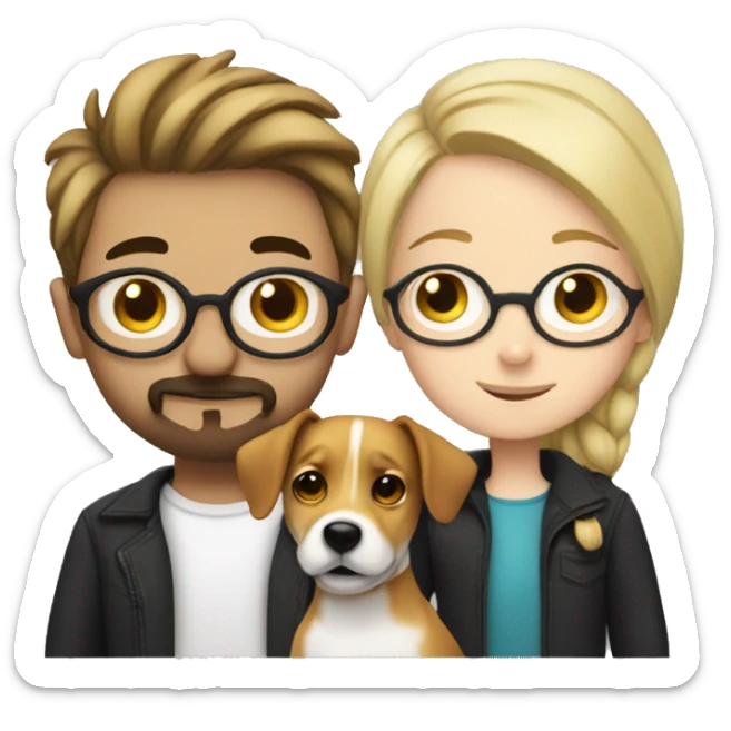  blonde girl without glasses and a white boy with glasses, a little Beard and moustache, both cuddling a jack Russell sticker