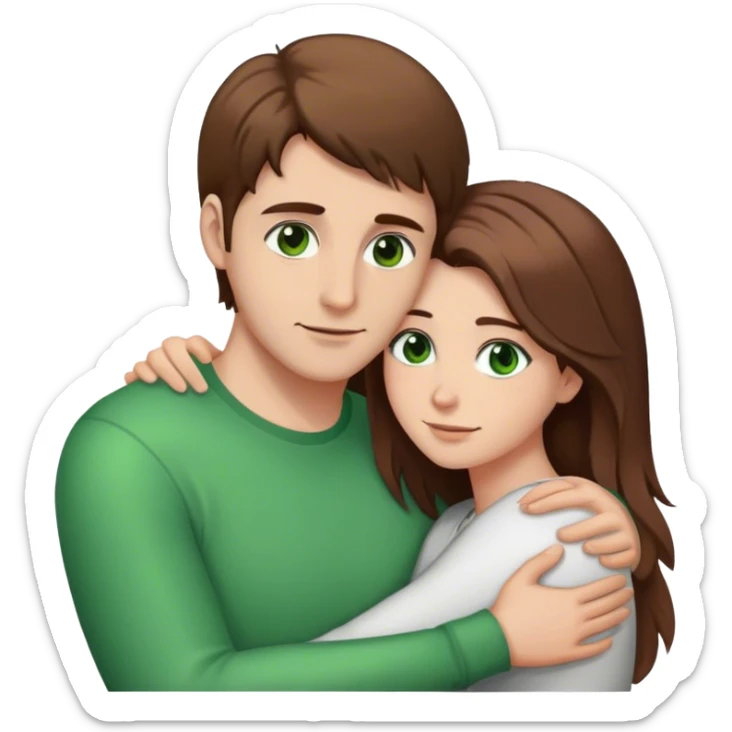 white couple with brown hair, man has short hair and brown eyes. woman has long hair and green eyes .they’re hugging each other  sticker