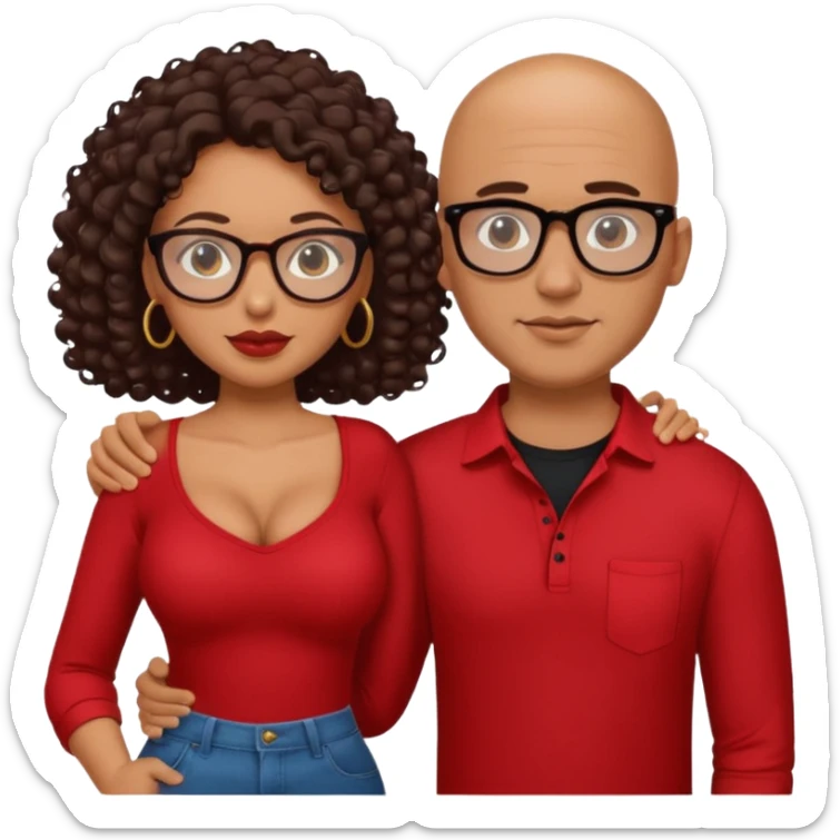 A picture of a sexy tanned couple. the guy is Mexican, with a bald hair cut and a red shirt. the girl is mixed, she has curly longer dark brown hair, the girl has glasses only, and with big boobs and black shirt  sticker