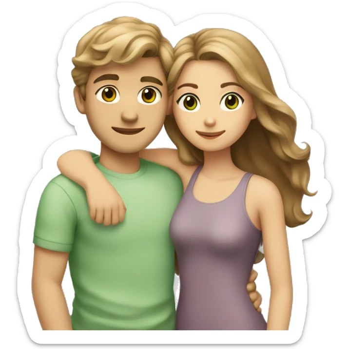 Couple hug boy with short light brown hair and brown eyes and girl with long wavy light brown hair and green eyes  sticker