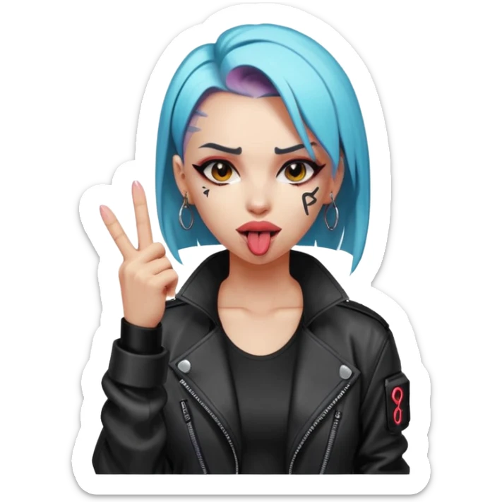 Woman with her tongue out in cyberpunk clothing and giving the middle finger. Looking naughty. sticker
