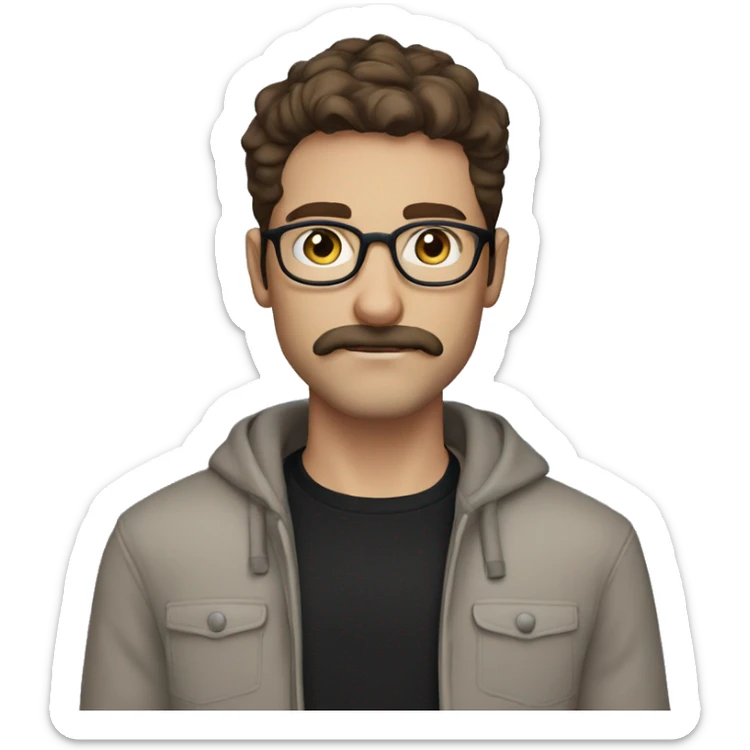 Guy, brown hair, moustache and stubble, blue eyes, round glasses, wearing a black jumper sticker