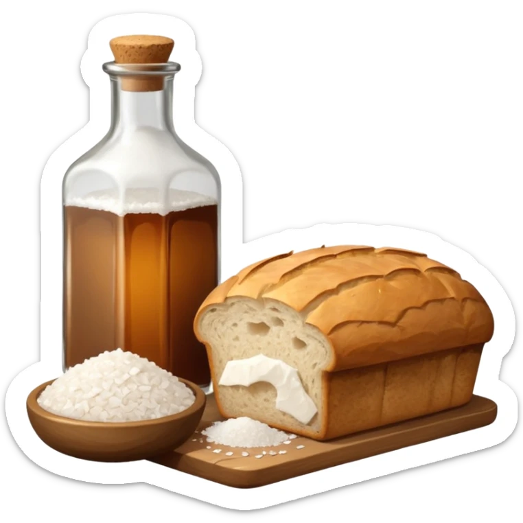 a bottle of salt (salt cellar) and a loaf of peasant bread - still life composition sticker