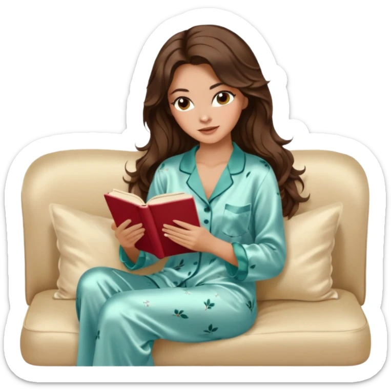 Woman with brunette hair light tanned skin reading on sofa. Long wavy hair. Beige ivory colours. Silk pyjamas. Realistic. Foxeye with lashes. Glamorous makeup sticker
