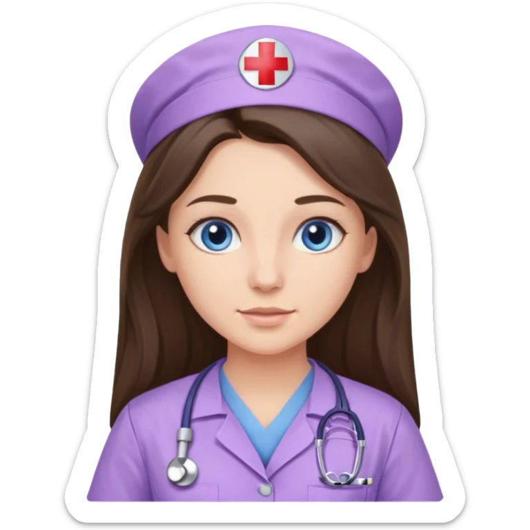 pretty brunette nurse with long hair and blue eyes in lilac scrubs sticker