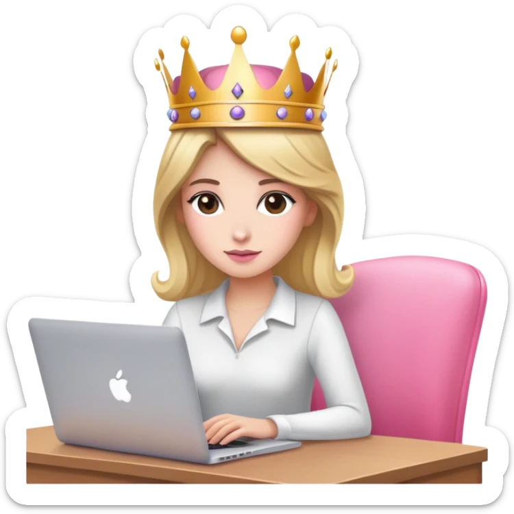 Attractive woman with crown on her head sat at the desk with MacBook and pink chair  sticker