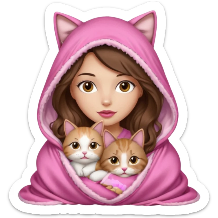 girl with long wavy brown hair, brown eyes, long lashes makeup, sexy pink lips, light to medium complexion, wearing a pink sexy silk top, big blanket over the head cozy holding a cat, no cat earn on the hood sticker