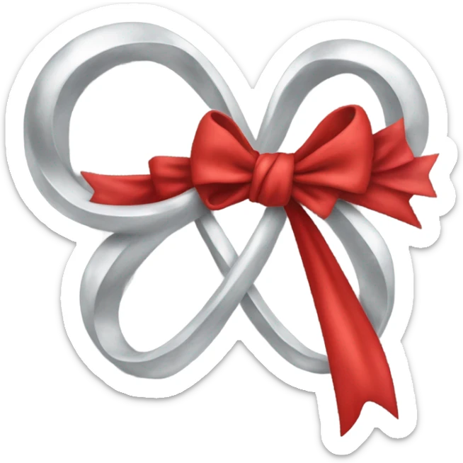 "A vibrant red bow with a silver hollow heart at the base of the bow's knot. The bow should have an intense red color, and the silver heart should be positioned at the center of the knot." sticker