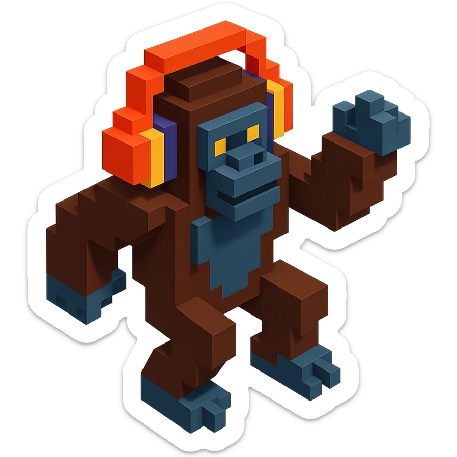 gorilla with headphones dancing, isometric view, voxel style sticker