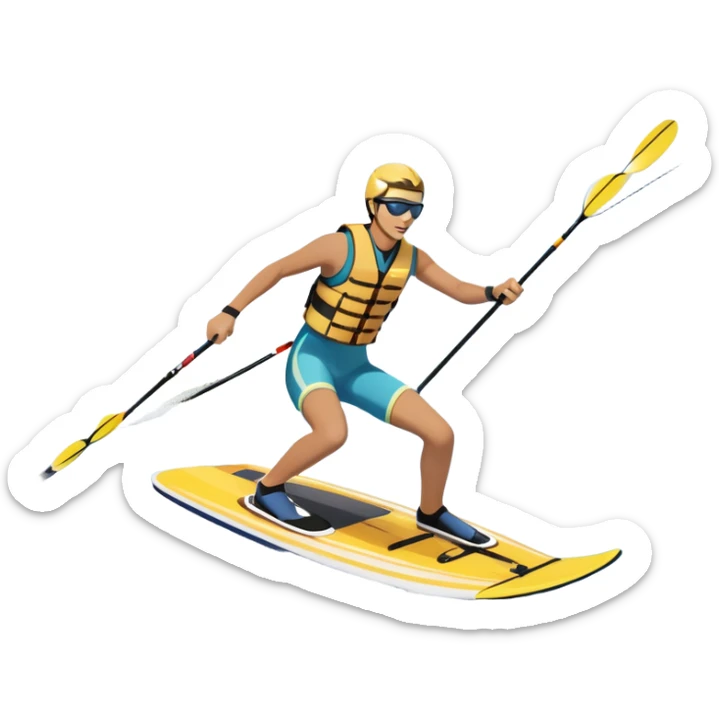 A humanless icon showing a pair of water skis skimming across the surface of a lake, with a skier in motion. The design includes a wake behind the skier, splashing water, and the sun reflecting on the water. Transparent background highlights the speed and thrill of water skiing. sticker
