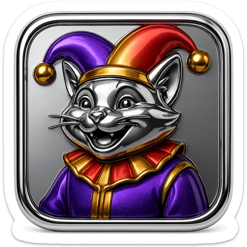 crazy colorful cute little cat jolly joker from poker, medieval, vintage, court jester, mac os icon, purple, gold and red color, half body. Squared shape as 3D mac os icon sticker