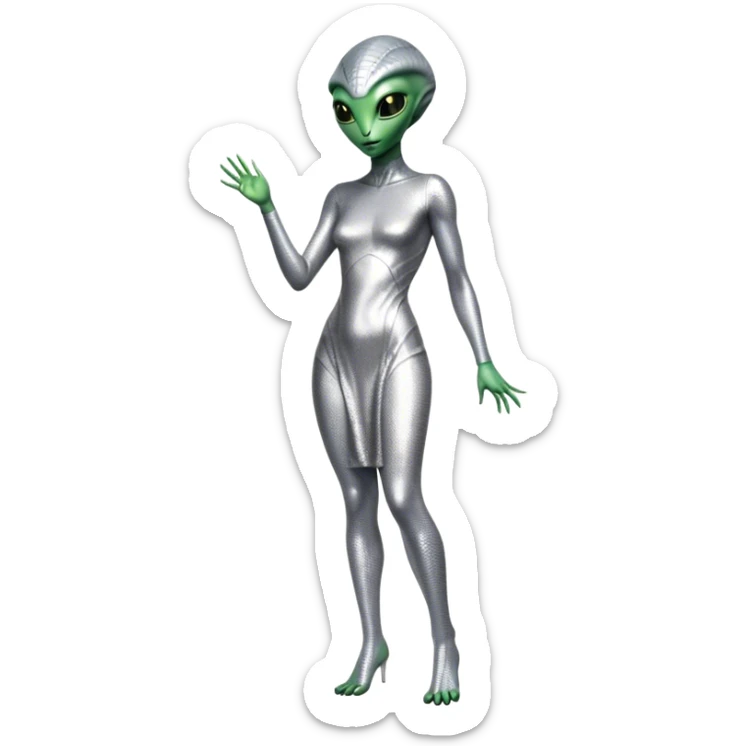 alien reptilian woman in silver dress, full body green eyes sticker