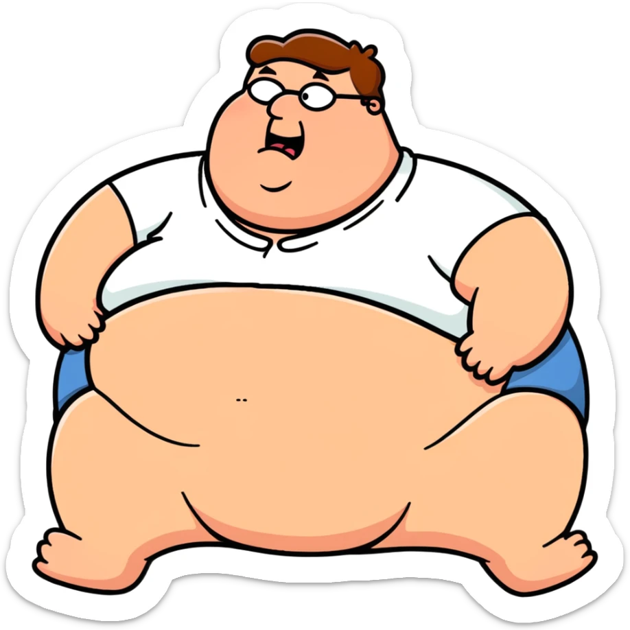 Peter Griffin from Family Guy with a huge pregnant belly, laying down on his back, sweating, exhausted expression, wearing his signature outfit sticker