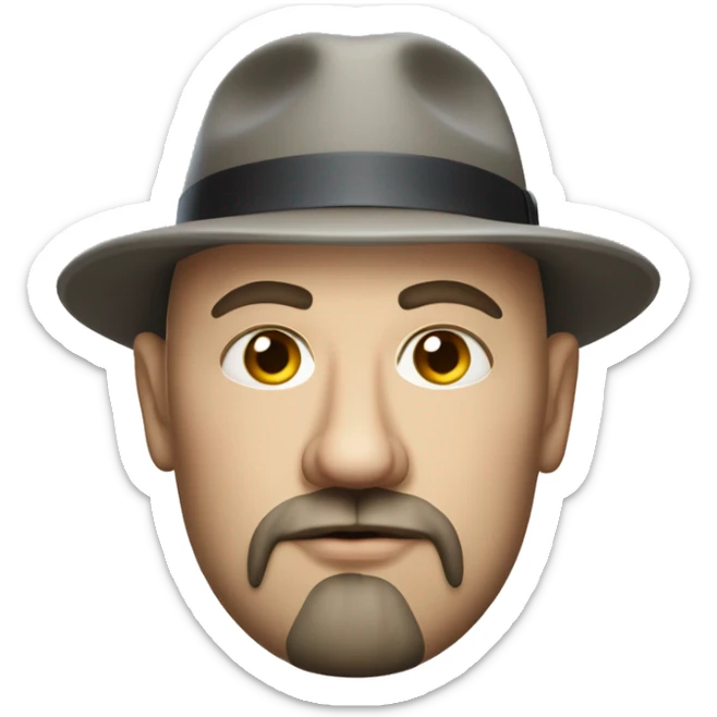 Photorealistic serious A plump bald man of Slavic appearance with a goatee and mustache, wearing a fedora hat sticker