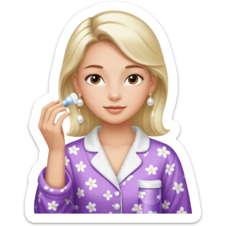Clean girl aesthetic emoticons, apply skincare products, pearl earrings, glowing skin, pajamas, soft lighting sticker