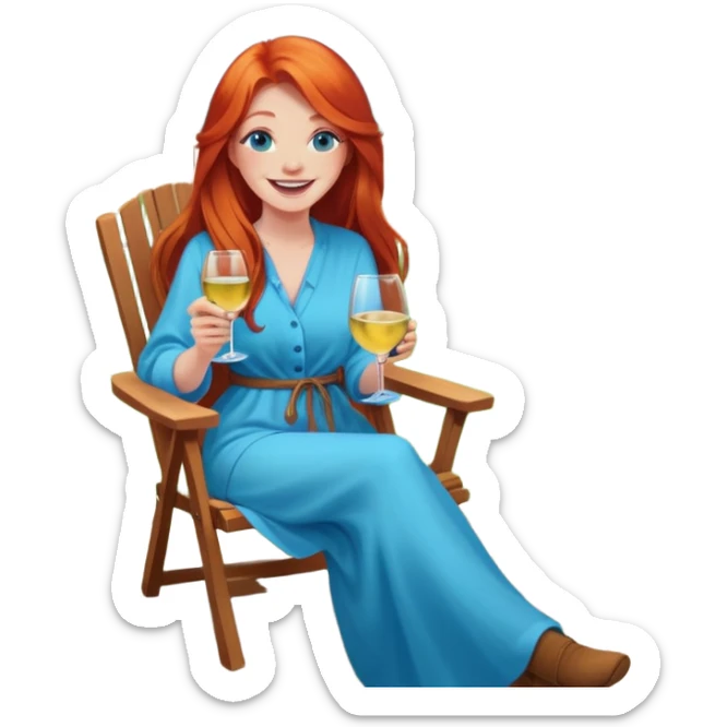 Laughing redhead with long hair and blue eyes holding white wine sitting in chair beside fire pit in backyard sticker