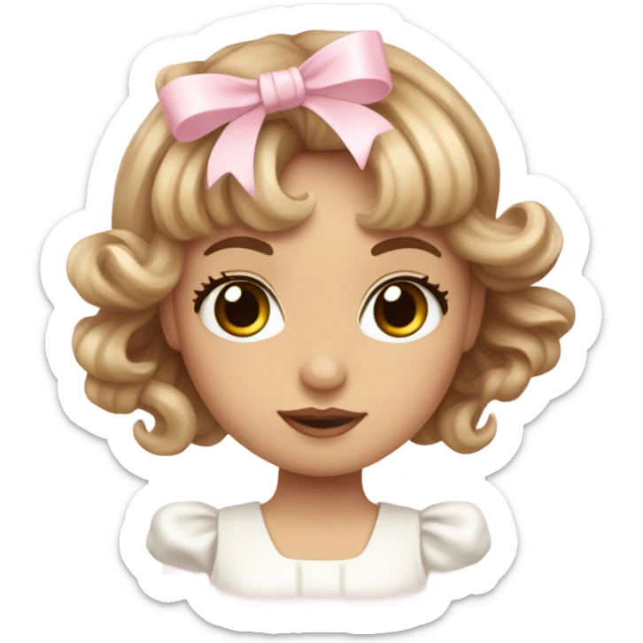 pale girl , who has wavy long length light brown and baby pink swirled hair with bangs , hazel eyes , and doll like makeup , in a withe dress and light pink bow sticker