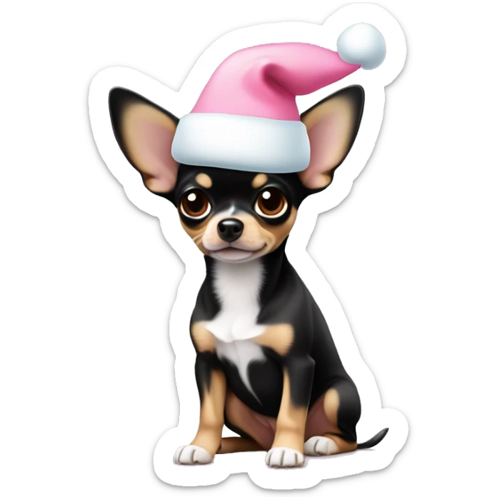 black & tan chihuahua puppy full body light blue eyes pink christmas hat on sticker