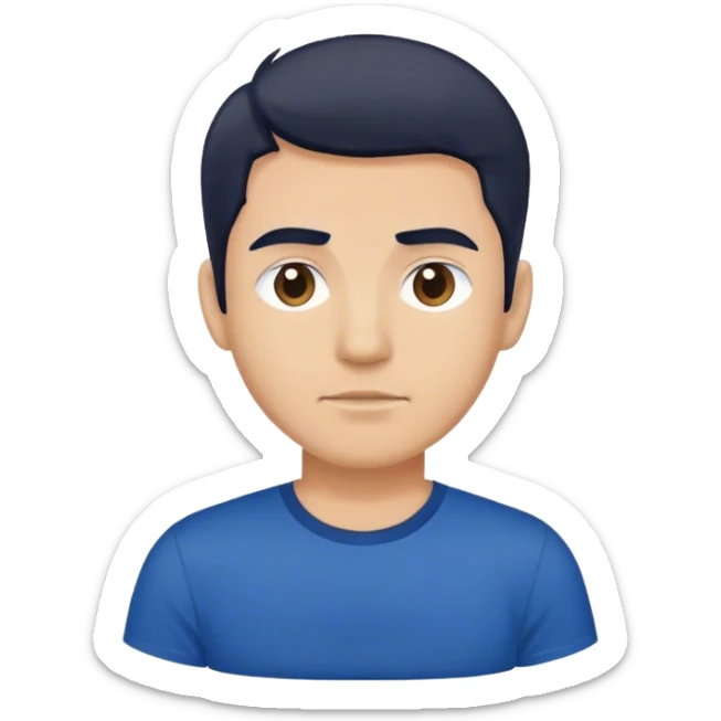 A white and dark hair men wearing a dark blue t-shirt sticker