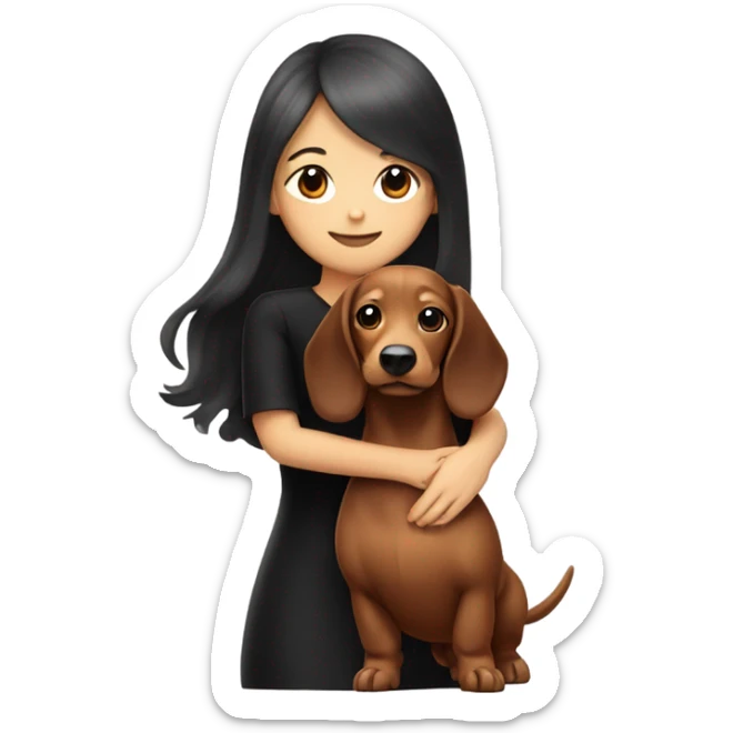 an Asian girl with long hair, wear black dress, hugging long-haired dachshund sticker