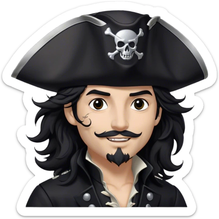 A charismatic pirate with wavy black hair tousled by the breeze. His silver-embroidered tricorn hat casts a shadow. Dark eyes glint with mischief as he looks to the side, a knowing smile on his lips. His black coat, adorned with silver buttons, shifts with the wind sticker