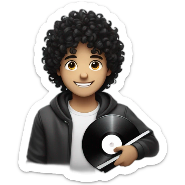 a curly dark hair boy holding a black music vinyl in his hand, smiling, cute sticker
