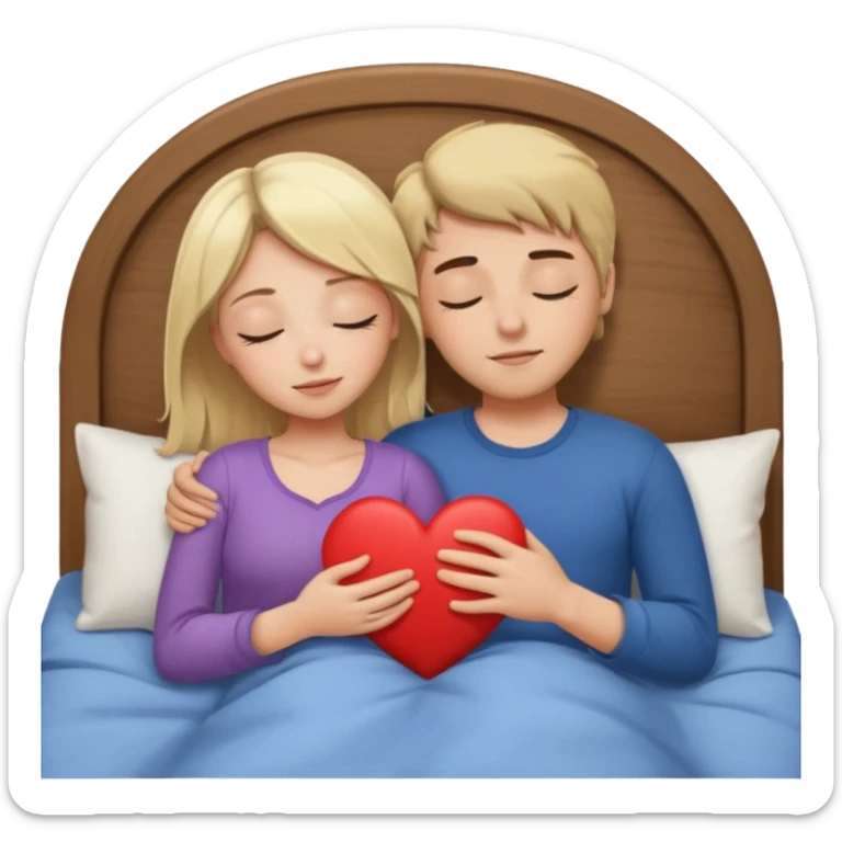 cuddling in bed, asleep. blonde girl. brunette man. eyes closed. heart between them. no headboard sticker
