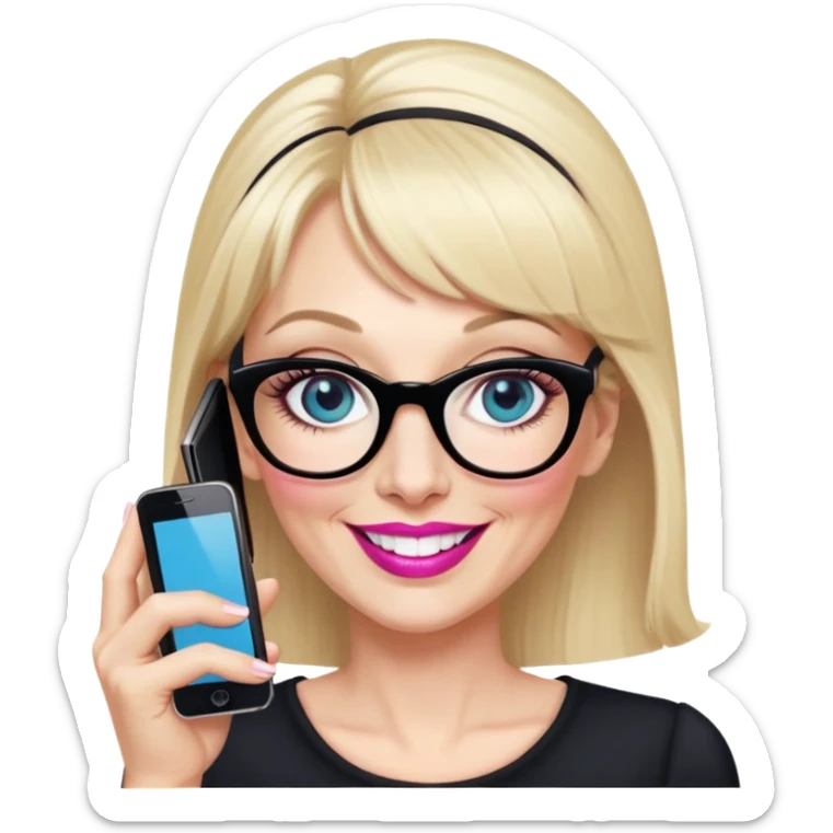 Pin up Woman in her early 50s with pale skin, wider face, blue eyes with eyeliner, thin eyebrows, long eyelashes, pink lipstick, blonde hair up with bangs, wearing black glasses. Laughing on a mobile phone  sticker