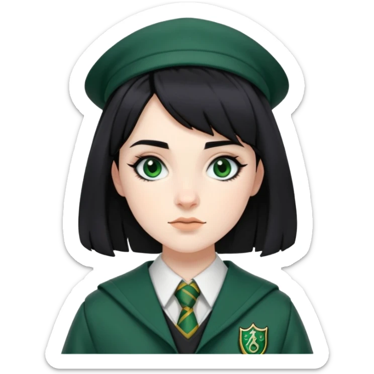 Pansy Parkinson in harry potter, wear hogwarts slytherin uniform, black hair sticker
