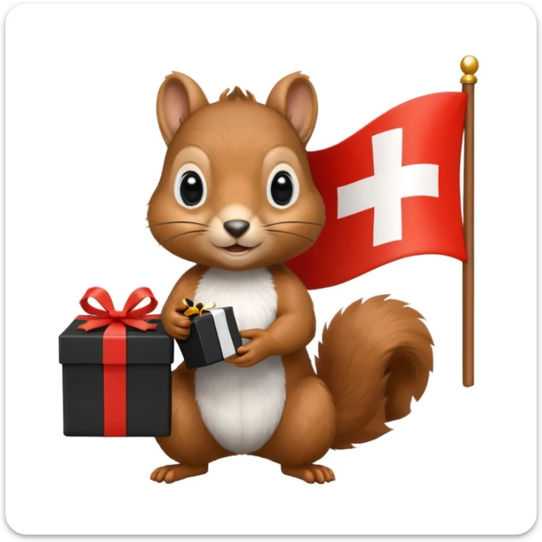 a squirrel holding a black gift box in one hand and a Swiss flag in the other, both objects clearly visible, simple white background, the gift is a different color from the flag sticker