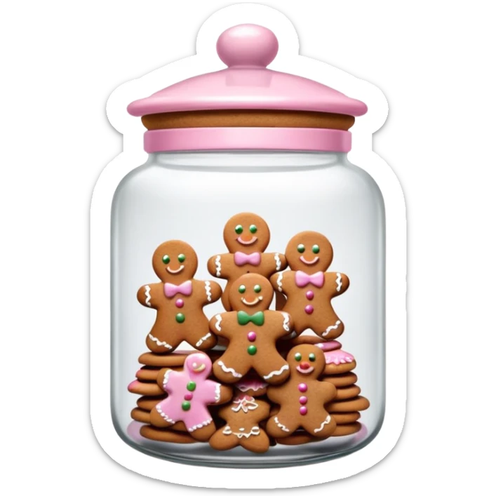 Realistic glass cookie jar with light pink lid full of gingerbread cookies isolated.  sticker