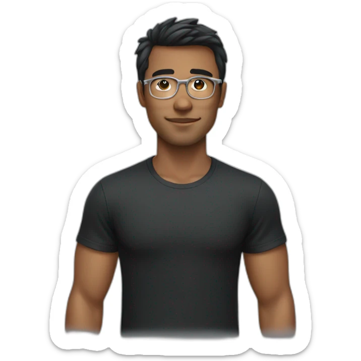 a guy with dark hair and bangs in silver glasses in a black t-shirt sticker