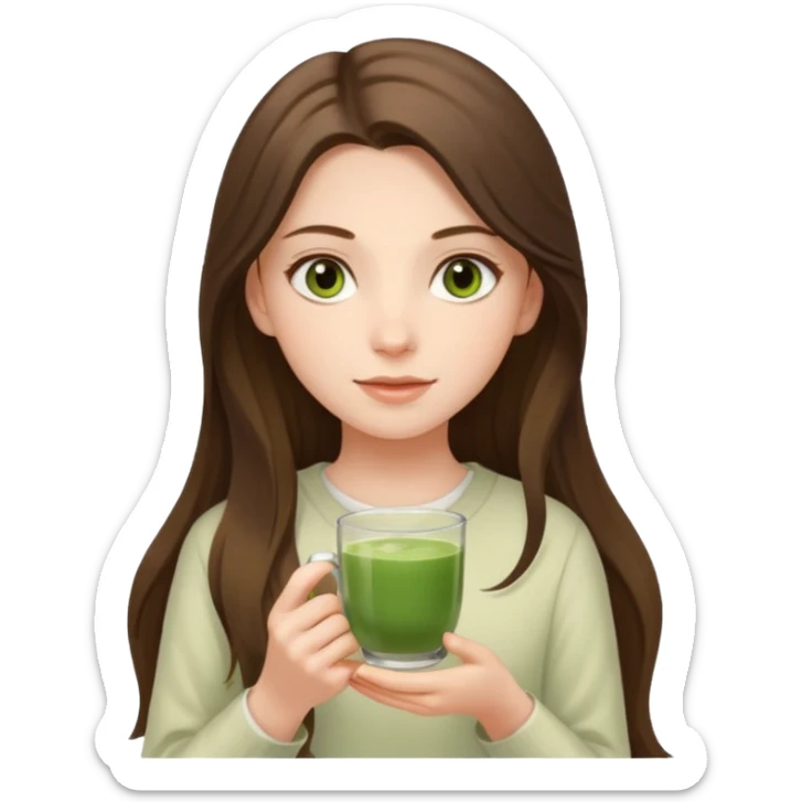 white long brunette hair girl with hazel eyes wearing light who is holding matcha sticker
