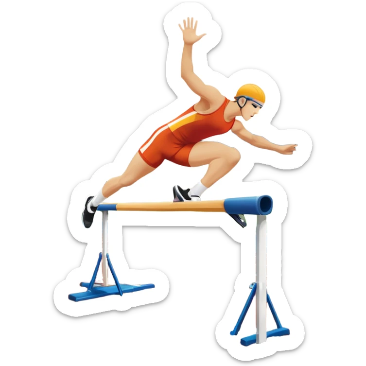 A collage of track and field equipment: a starting block, javelin, hurdle, discus, and high jump bar, symbolizing various disciplines. The background features a vibrant stadium with a running track, field events area, and cheering crowds.  sticker