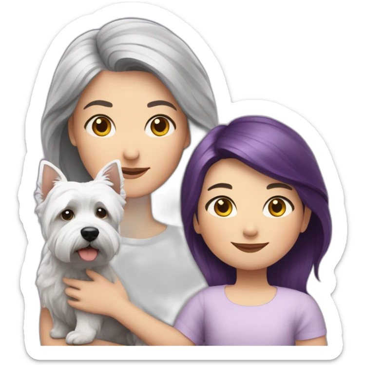 Family picture woman with purple/gray hair, aduld child with dark brown hair and West Highland White Terrier sticker