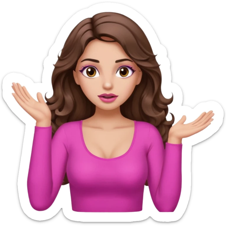 girl with long wavy brown hair, brown eyes, long lashes makeup, sexy pink lips, light to medium complexion, pink sexy top, two hands up, shrugging, confused sticker
