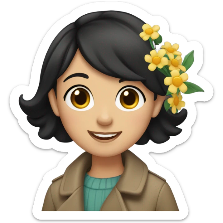 A girl with very short black hair, fair skin, and brown eyes wearing a coat and waving flowers sticker