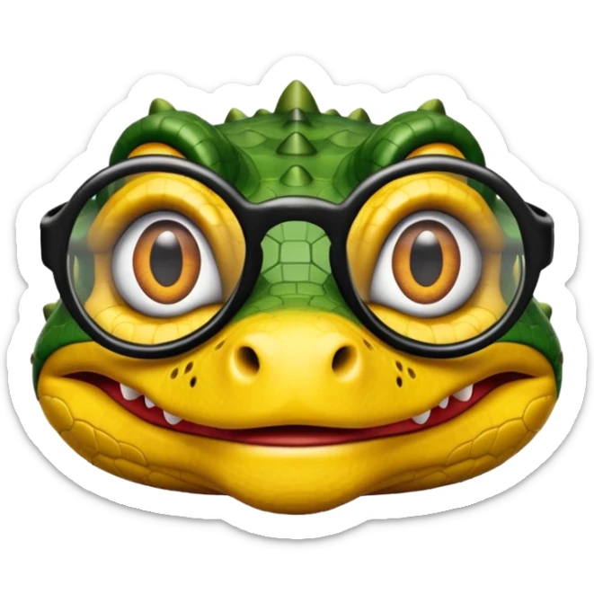 Cocodrilo con boca cerrada mirando de frente que tengan lentes negros y oscuros y sea color amarillo con fondo blanco sticker