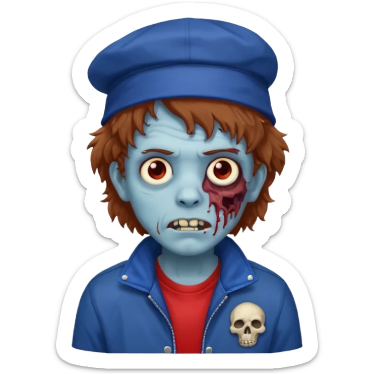 brown fluffy hair zombie with blue and white hat dark blue jilet red t shirt sticker