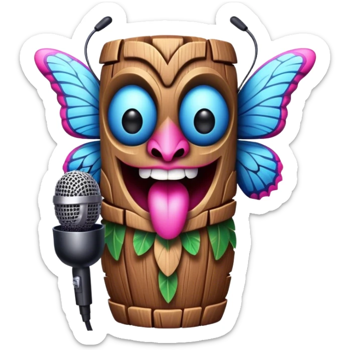 Cartoon Blue and pink tiki singing with butterfly and in the mikrophone sticker