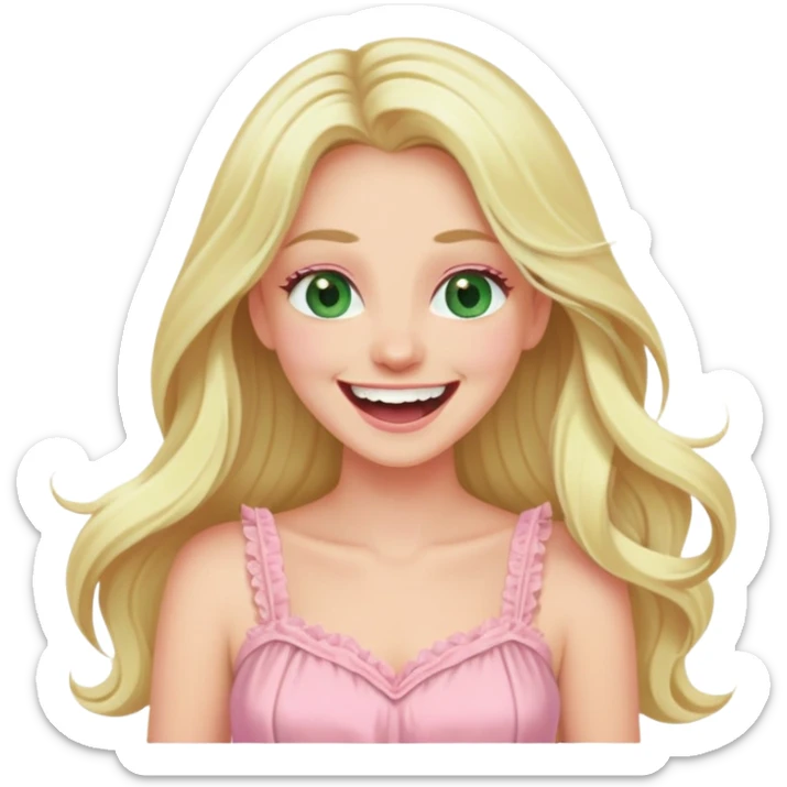 blonde with long hair and swamp eyes in a pink pastel dress, laughing sticker