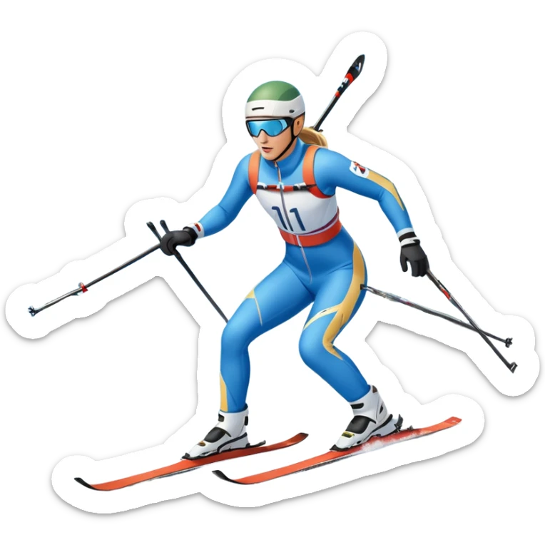 An icon featuring a biathlete in motion, holding a rifle and skiing across a snowy course. The backdrop includes snow-covered trees, distant mountains, and a clear blue sky. Transparent background highlights the precision, endurance, and excitement of biathlon. sticker