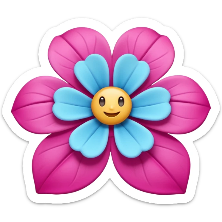 3D glossy flower emoji, vibrant magenta puffed-up petals, large soft-pink center, two pale-blue leaves, claymorphic style, high resolution, white background." sticker