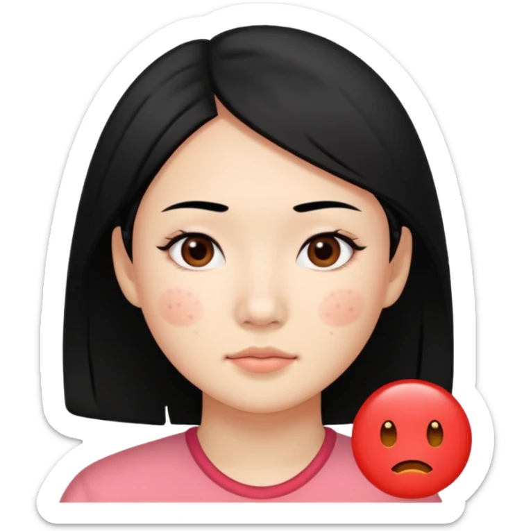 Asian girl with length black hair with facial redness acne and rosacea, a before and after with clear skin sticker