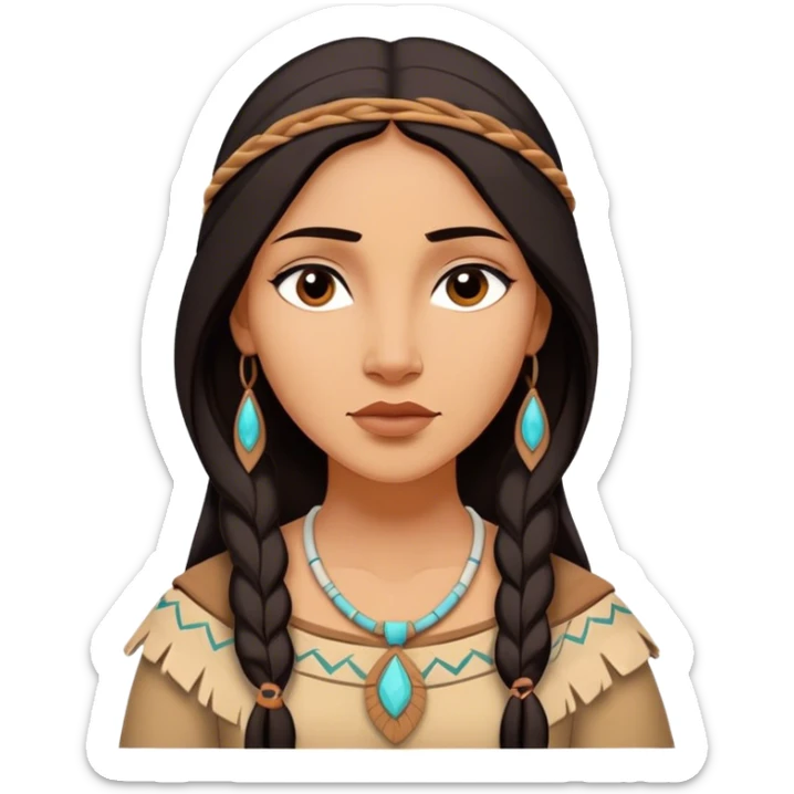 Cinematic Serene Pocahontas Portrait Emoji, rendered in a realistic, simplified vector style. Depict a gentle Pocahontas (chest and above) with warm, glowing skin, loosely flowing dark hair, and a calm, reflective expression, wearing modest traditional attire in earthy hues. The image is bathed in a soft, inviting glow with high shine and a soft glowing outline. sticker