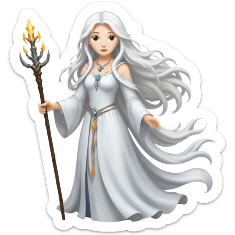 White silver Long Haired Women, Sorceress with staff — flowing white hair, calm face. sticker