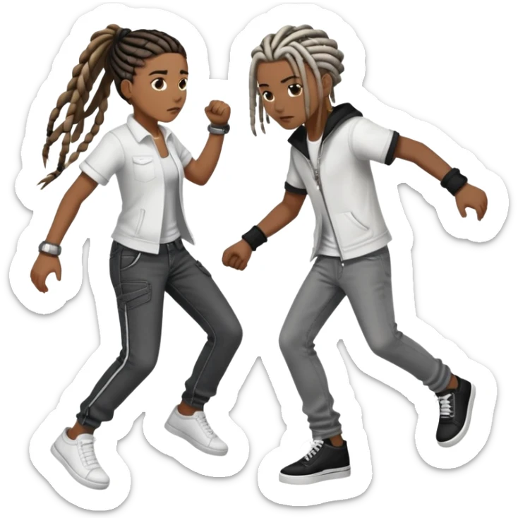 brownskin boy with dreads wearing white shirt with grey jeans and white shoes fighting darkskin girl with 8 long black french braids with brown highlights wearing black zip up and black jeans with black and white shoes. the boy is winning sticker