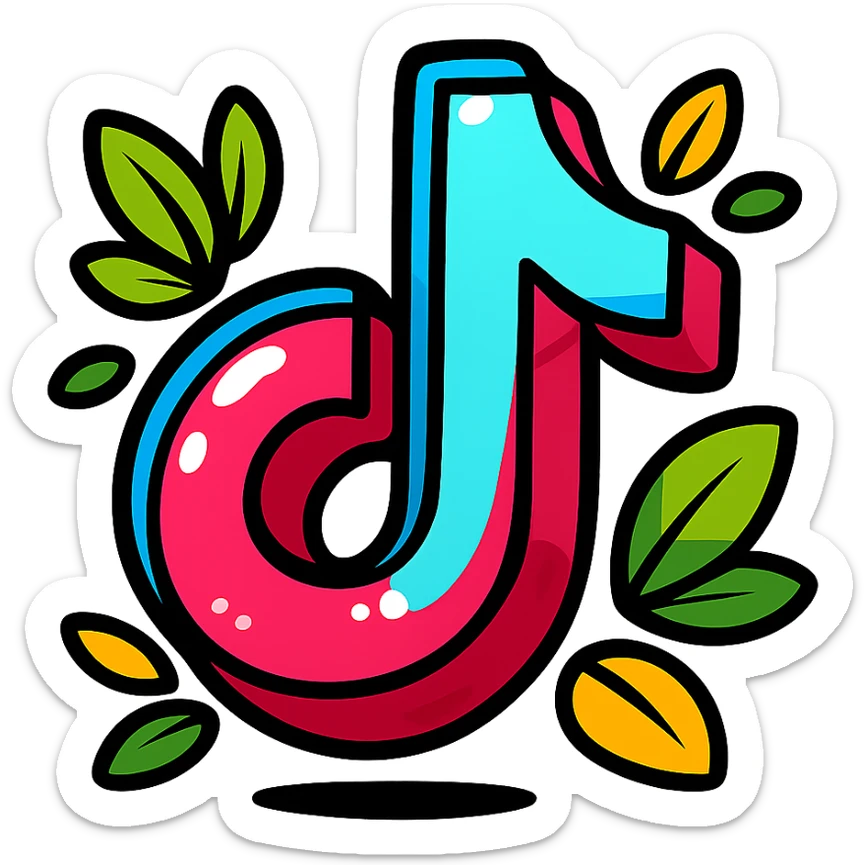 plump, vibrant, cartoon-style TikTok logo, bold outline, expressive shadows, glossy highlights, decorated with bright leaves around the logo, no background sticker